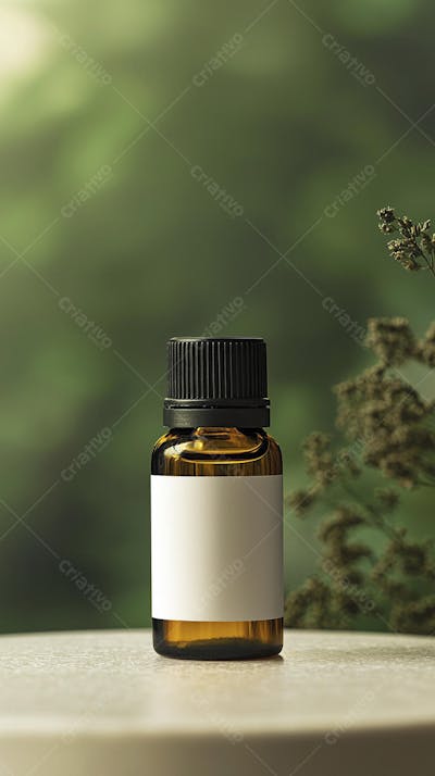 Frasco de óleo essencial em ambiente natural com fundo esverdeado