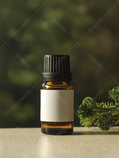 Frasco de óleo essencial em ambiente natural com fundo esverdeado