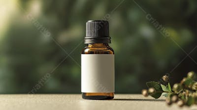 Frasco de óleo essencial em ambiente natural com fundo esverdeado