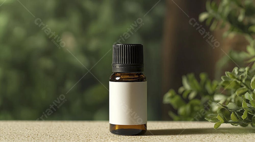 Frasco de óleo essencial em ambiente natural com fundo esverdeado