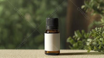 Frasco de óleo essencial em ambiente natural com fundo esverdeado