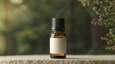 Frasco de óleo essencial em ambiente natural com fundo esverdeado
