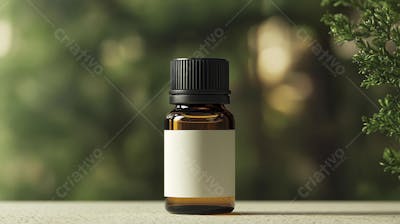 Frasco de óleo essencial em ambiente natural com fundo esverdeado