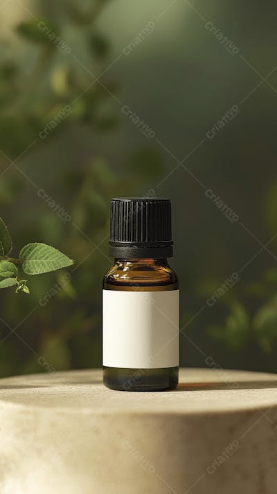 Frasco de óleo essencial em ambiente natural com fundo esverdeado