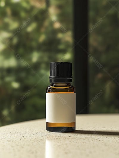 Frasco de óleo essencial em ambiente natural com fundo esverdeado