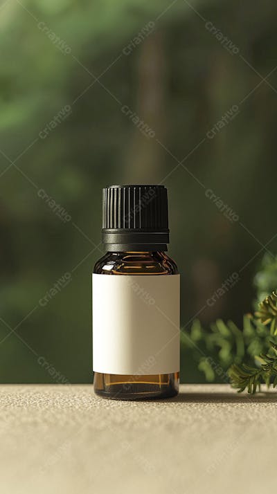 Frasco de óleo essencial em ambiente natural com fundo esverdeado
