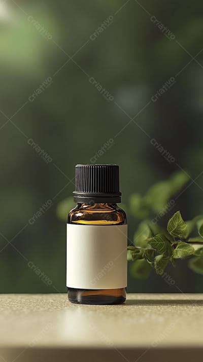Frasco de óleo essencial em ambiente natural com fundo esverdeado