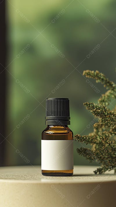 Frasco de óleo essencial em ambiente natural com fundo esverdeado