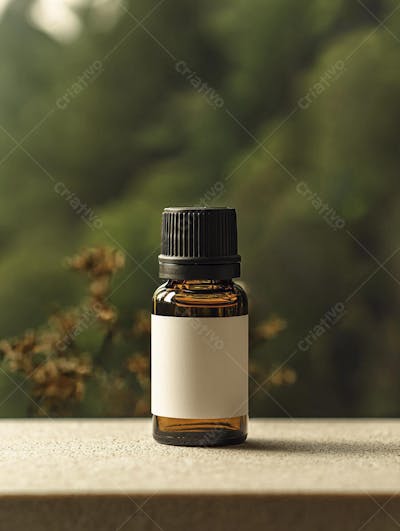 Frasco de óleo essencial em ambiente natural com fundo esverdeado