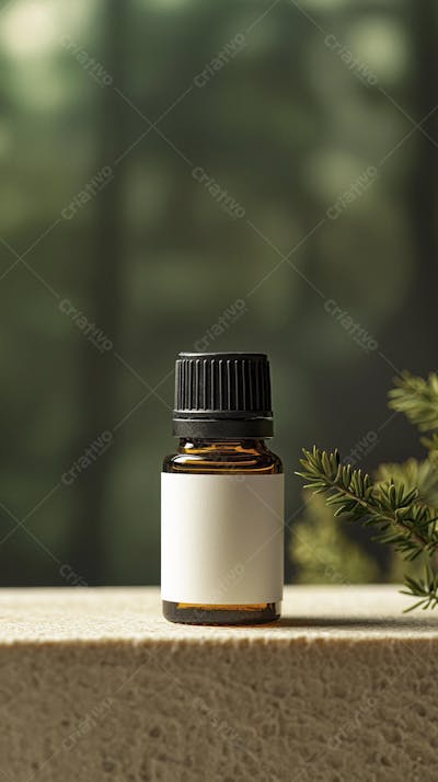Frasco de óleo essencial em ambiente natural com fundo esverdeado