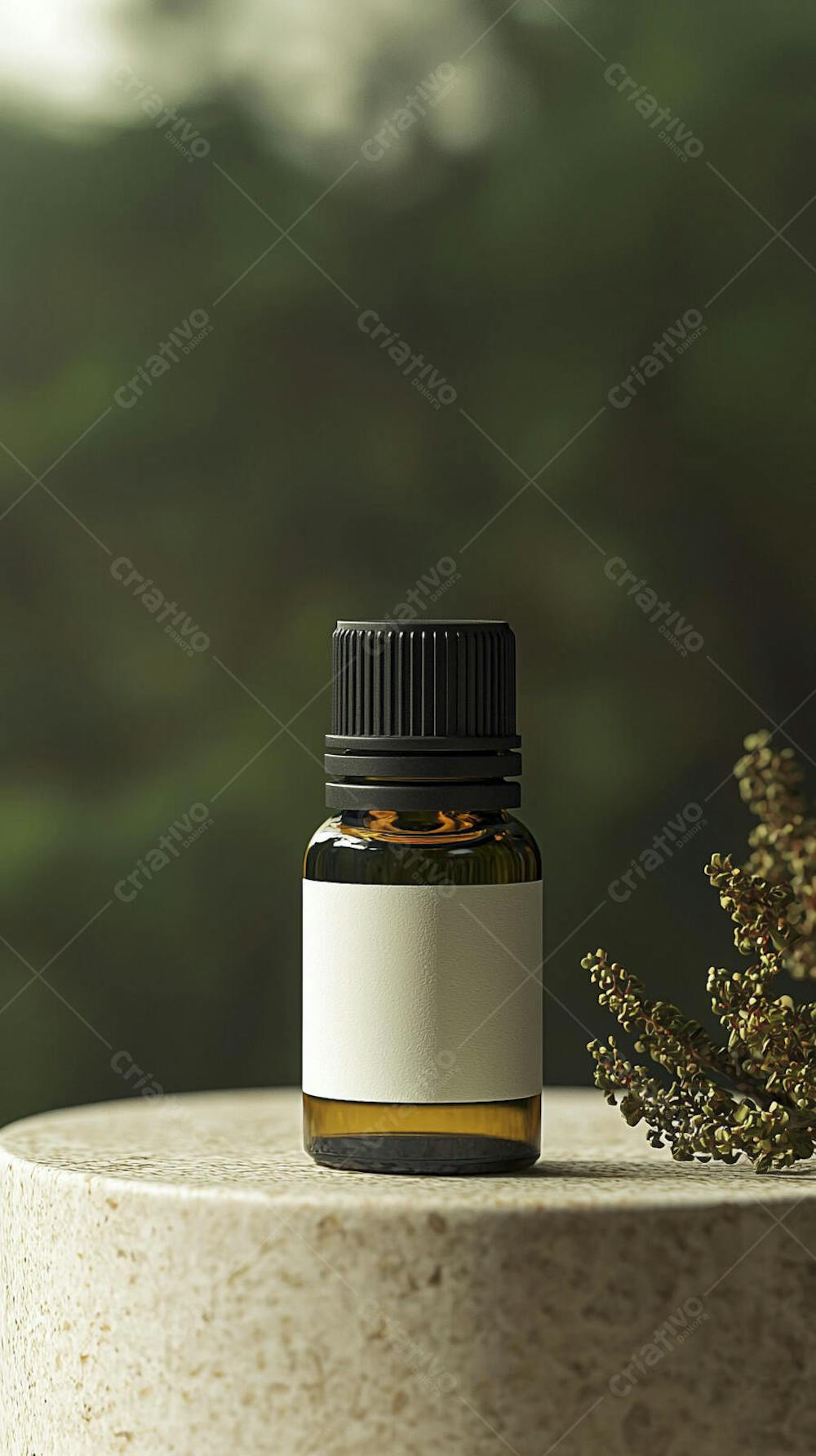 Frasco de óleo essencial em ambiente natural com fundo esverdeado