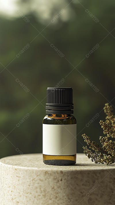 Frasco de óleo essencial em ambiente natural com fundo esverdeado