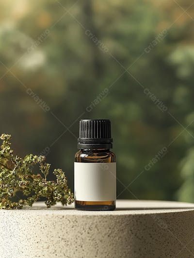 Frasco de óleo essencial em ambiente natural com fundo esverdeado