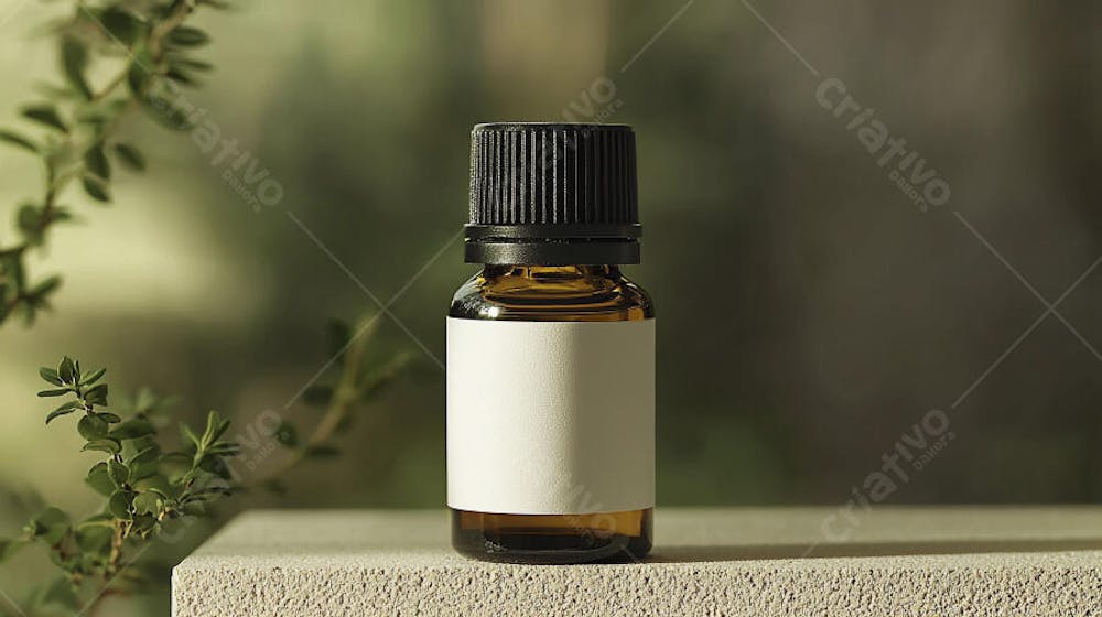Frasco de óleo essencial em ambiente natural com fundo esverdeado