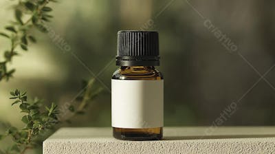 Frasco de óleo essencial em ambiente natural com fundo esverdeado