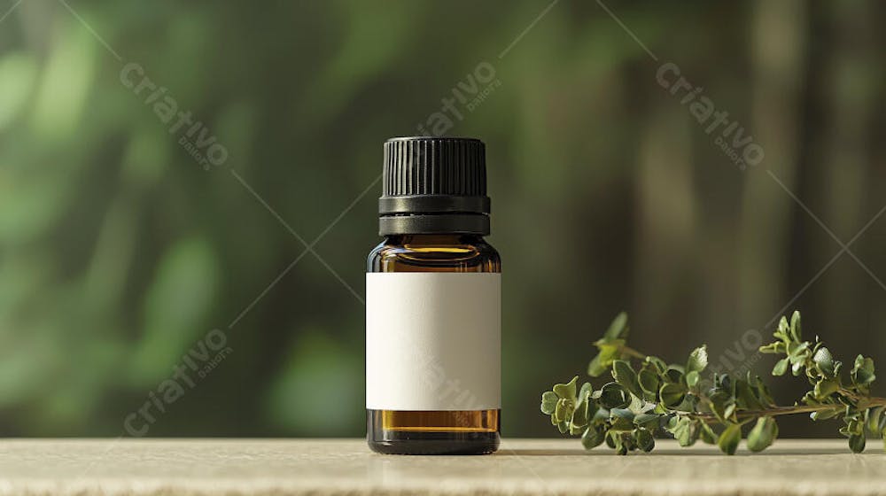Frasco de óleo essencial em ambiente natural com fundo esverdeado