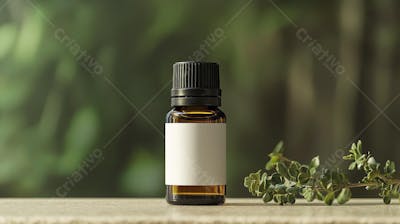 Frasco de óleo essencial em ambiente natural com fundo esverdeado