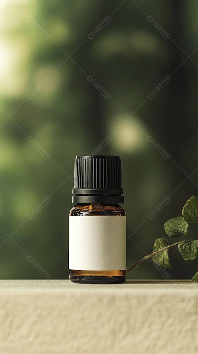 Frasco de óleo essencial em ambiente natural com fundo esverdeado