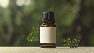 Frasco de óleo essencial em ambiente natural com fundo esverdeado