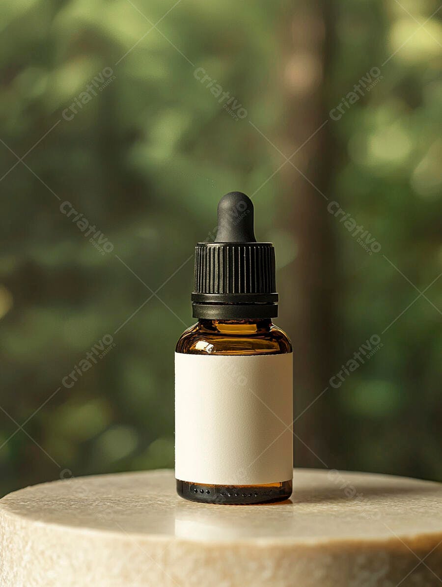 Frasco âmbar com rótulo branco fundo verde