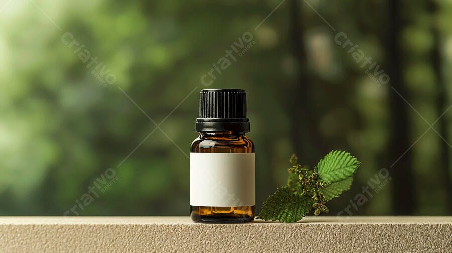 Frasco de óleo essencial com plantas verdes