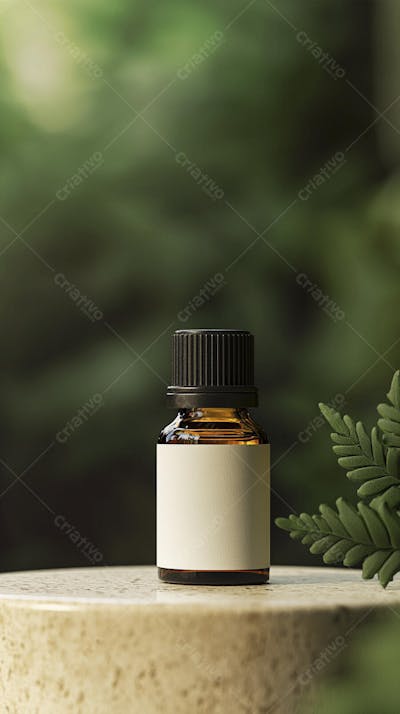 Frasco de óleo essencial em ambiente natural com fundo esverdeado