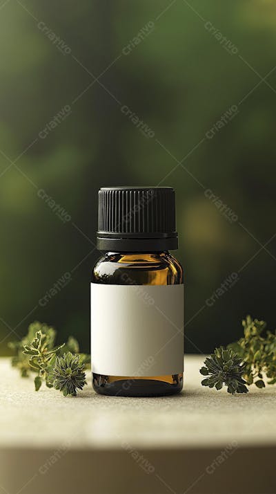 Frasco de óleo essencial em ambiente natural com fundo esverdeado