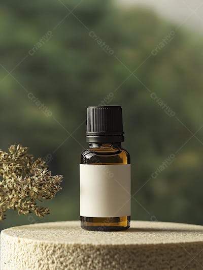 Frasco de óleo essencial em ambiente natural com fundo esverdeado