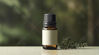 Frasco de óleo essencial em ambiente natural com fundo esverdeado