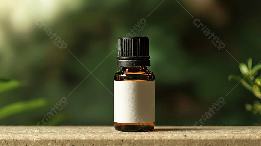 Frasco de óleo essencial marrom com rótulo branco