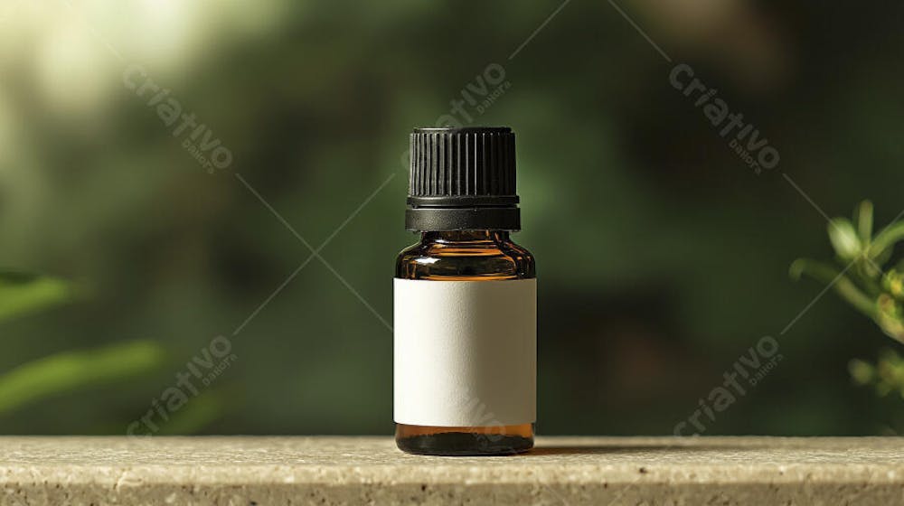 Frasco de óleo essencial em ambiente natural com fundo esverdeado
