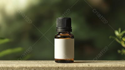 Frasco de óleo essencial em ambiente natural com fundo esverdeado