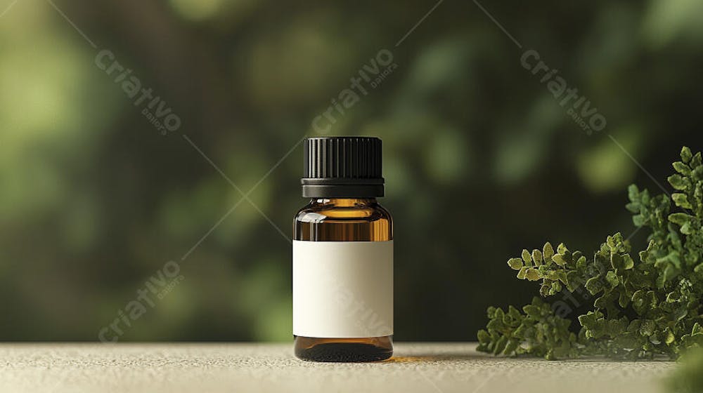 Frasco de óleo essencial em ambiente natural com fundo esverdeado
