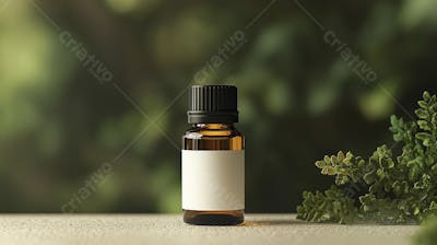 Frasco de óleo essencial em ambiente natural com fundo esverdeado