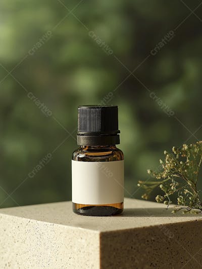 Frasco de óleo essencial em ambiente natural com fundo esverdeado