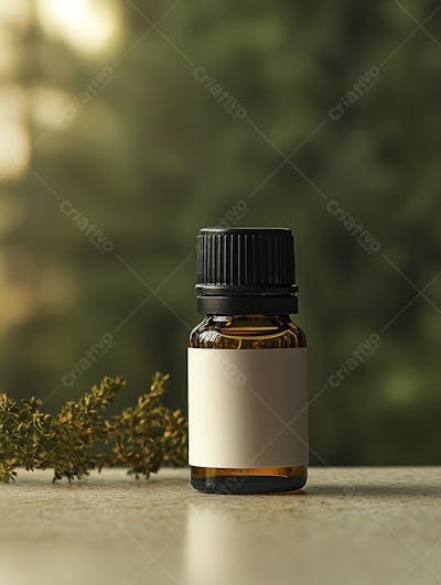 Frasco de óleo essencial em ambiente natural com fundo esverdeado