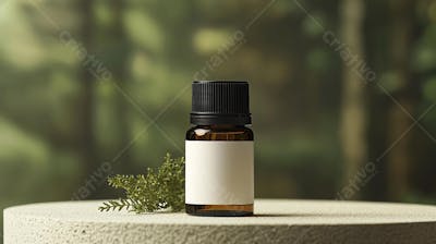 Frasco de óleo essencial em ambiente natural com fundo esverdeado