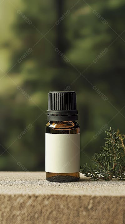 Frasco de óleo essencial em ambiente natural com fundo esverdeado