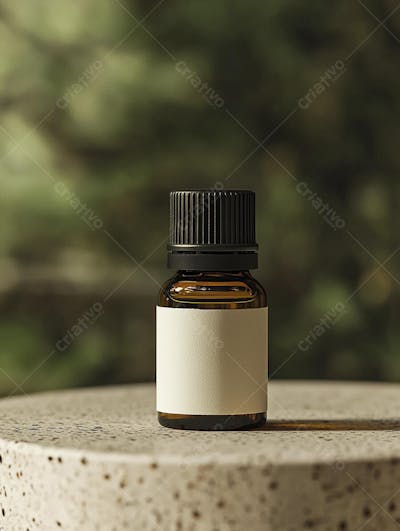 Frasco de óleo essencial em ambiente natural com fundo esverdeado