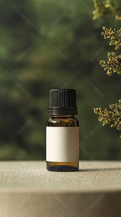 Frasco de óleo essencial em ambiente natural com fundo esverdeado