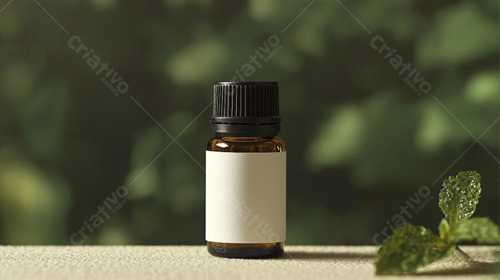 Frasco de óleo essencial em ambiente natural com fundo esverdeado