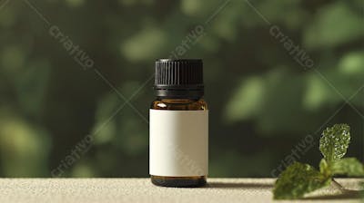 Frasco de óleo essencial em ambiente natural com fundo esverdeado