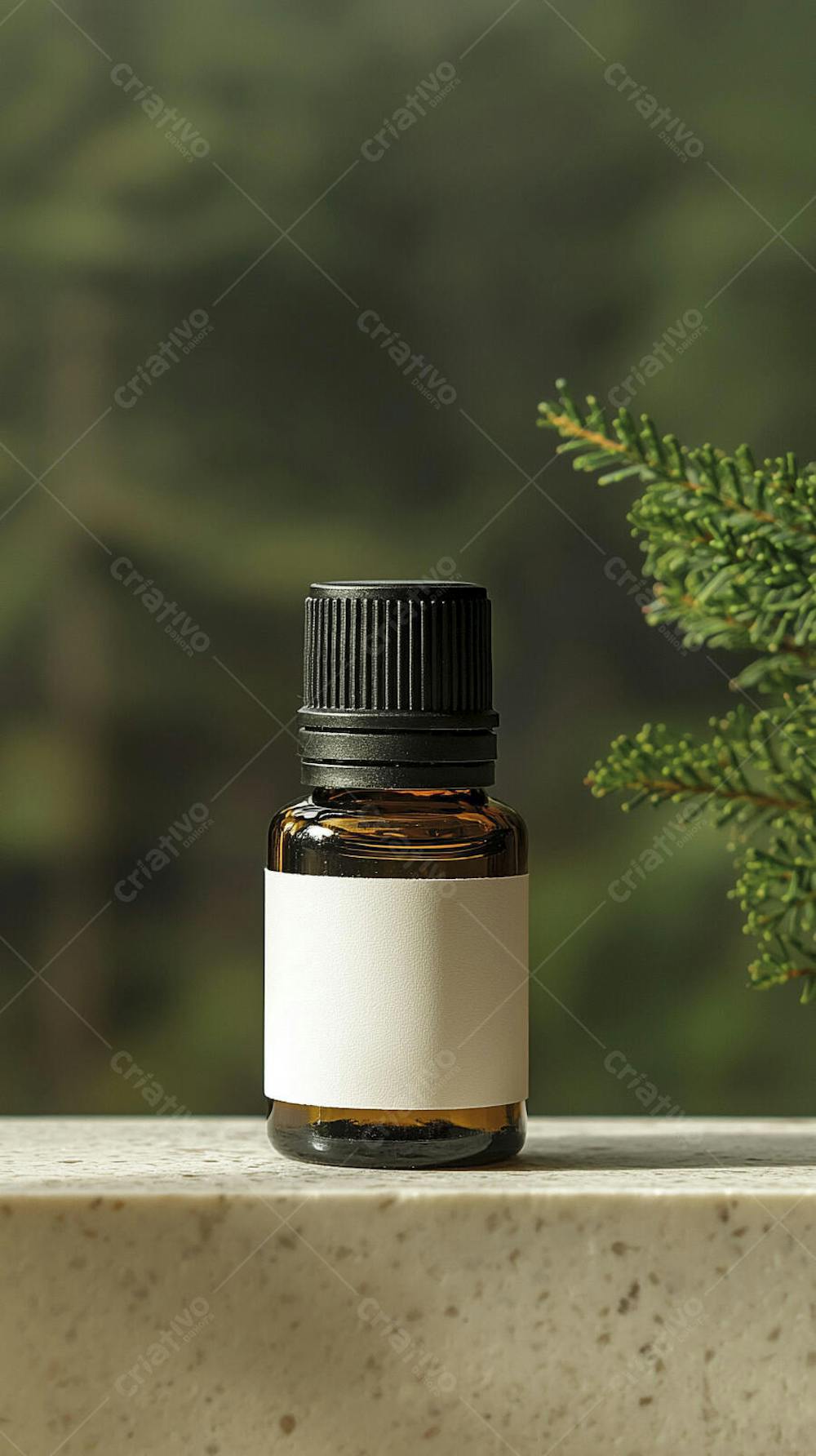 Frasco de óleo essencial em ambiente natural com fundo esverdeado