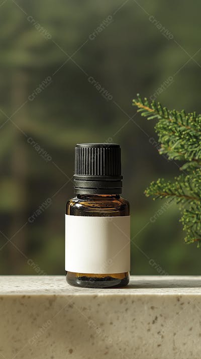 Frasco de óleo essencial em ambiente natural com fundo esverdeado
