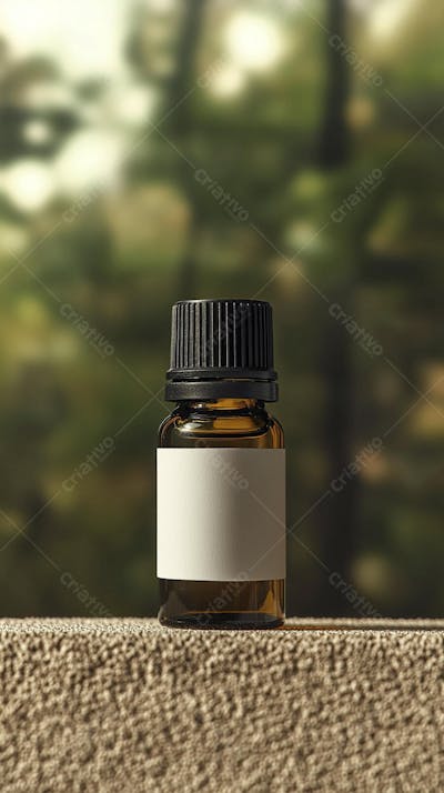 Frasco de óleo essencial em ambiente natural com fundo esverdeado
