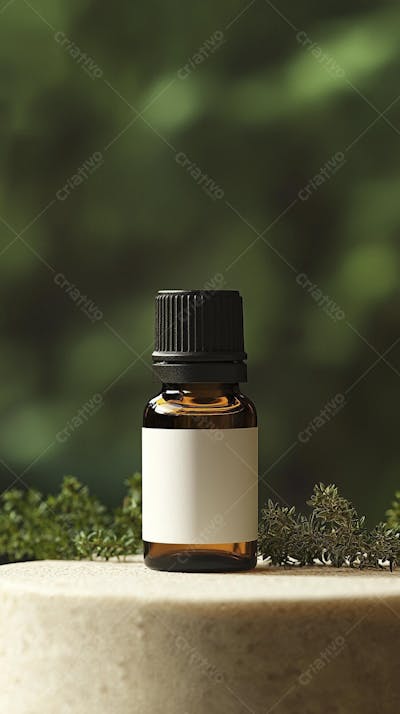 Frasco de óleo essencial em ambiente natural com fundo esverdeado