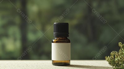 Frasco de óleo essencial em ambiente natural com fundo esverdeado