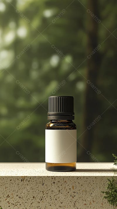 Frasco de óleo essencial em ambiente natural com fundo esverdeado