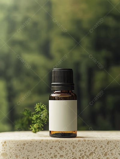 Frasco de óleo essencial em ambiente natural com fundo esverdeado