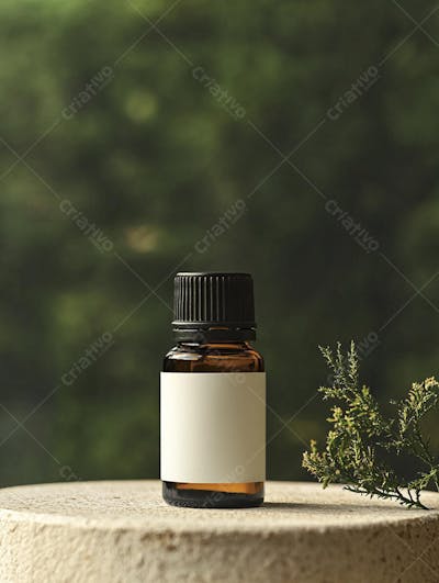 Frasco de óleo essencial em ambiente natural com fundo esverdeado